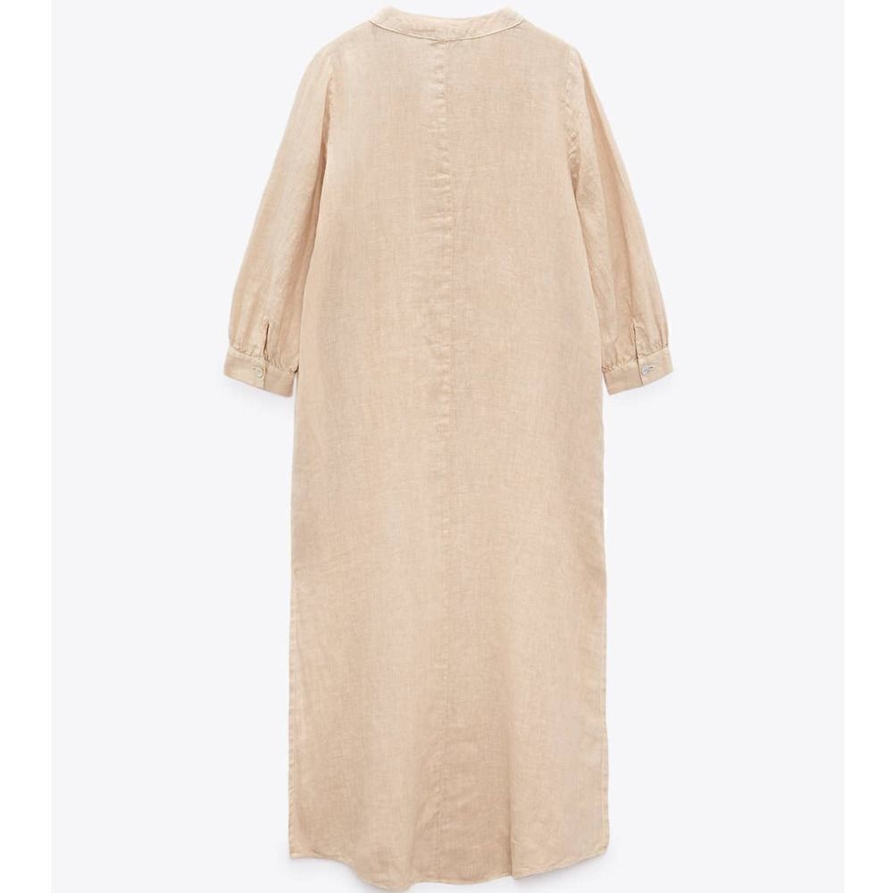 Zara 100% Linen Dress Midi Pockets Vents Sand - Picture 3 of 7